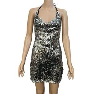 Hot Miami Styles Sequin Mini Dress Small Halter Side Slit Clubwear Concert Tight